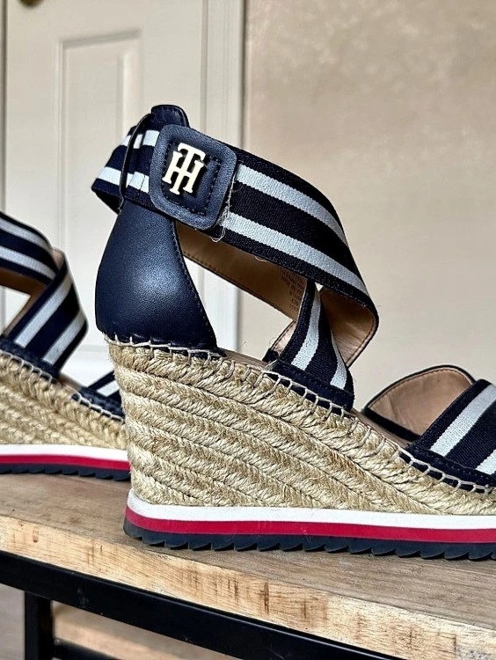 Tommy Hilfiger Breton Stripe Platform Wedge Espadrille Blue & White